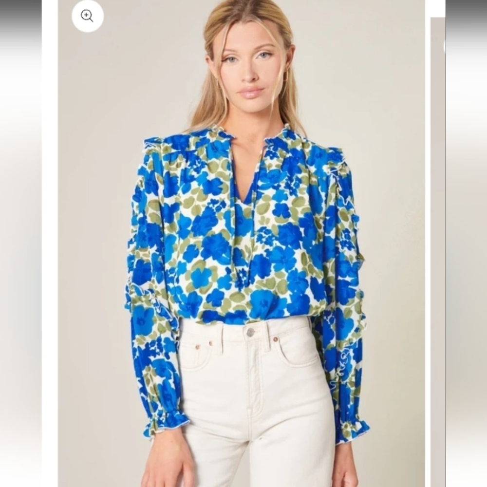 SUGARLIPS ruffle balloon sleeve blouse in blue/green/cream, sz M